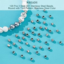 120個 3スタイル 201ステンレススチールビーズ  ツイル柄のラウンド  ステンレス鋼色  3x2.5mm  穴：1.2~1.5mm  40個/スタイル&nbsp;STAS-NB0001-69