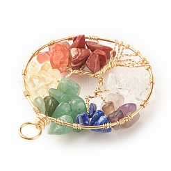 天然gmestone銅線ビッグペンダント  天然アメジスト＆グリーンアベンチュリン＆シトリン＆ラピスラズリ＆レッドジャスパー＆レッドアベンチュリン＆クォーツクリスタル  染めと未染色の混合  ツリー付きフラットラウンド  ゴールドカラー  53.5x42.5x7.5mm  穴：5.5mm&nbsp;PALLOY-JF01434-02