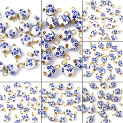 青と白の花柄プリントの磁器製ペンダント 20個  黄金色の鉄のループ  ハート  21mm  穴：3.3mm&nbsp;PALLOY-YW00112-01