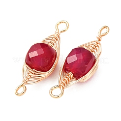 Natural Red Corundum Faceted Cube Links Connector Charms with Copper Herringbone Wire-Wrapped&nbsp;KK-Z152-06G-02A