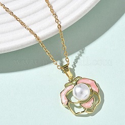 Brass Enamel Pink Flower Pendant 304 Stainless Steel Chain Necklaces for Women&nbsp;NJEW-D341-04G