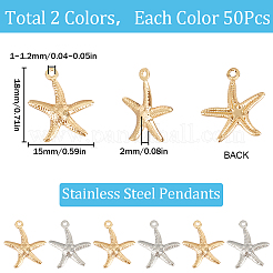 100個 2スタイル 304 & 316 ステンレススチールペンダント  ヒトデ/海星  ゴールデン·ステンレス鋼色  17.5~18x15~15.5x2mm  穴：1~1.2mm  50個/スタイル&nbsp;STAS-SC0008-67