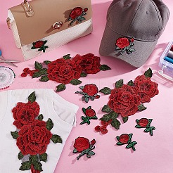 12個 3スタイルの花の刺繍ポリエステル布アイロンパッチ  マスクと衣装のアクセサリー  パイルレットアップリケ  ファイヤーブリック  57.5~130x50~240x1.5mm  4個/スタイル&nbsp;PATC-GA0001-52