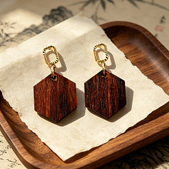 木製＆合金製スタッドピアス（女性用）  ゴールドカラー  六角  36x19mm&nbsp;WGFF9D5-01