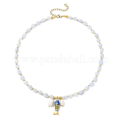 Brass Enamel Fish and Natural Pearl Rice Pendant Natural Blue Lace Agate Nuggets Beaded Necklaces for Women&nbsp;NJEW-JN06357-02
