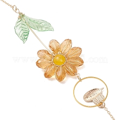 合金エナメルの蜂とガラスの花のクリスタルサンキャッチャー  天然および染色されたマレーシア産翡翠とプリズムファセットコーンの吊り下げオーナメント（窓辺や庭の装飾用）  きいろ  275x35mm&nbsp;HJEW-TA00475-03