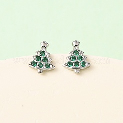 真鍮マイクロパヴェキュービックジルコニアのクリスマスツリースタッドピアス  プラチナメッキ  7x5.5mm&nbsp;EJEW-L278-09P
