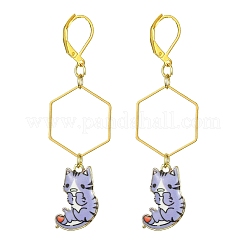 ラックメッキ合金猫ダングルレバーバックダングルイヤリング  ゴールドブラスロングドロップイヤリング  ミックスカラー  66x19.5mm&nbsp;EJEW-JE05502