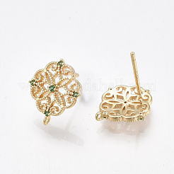 真鍮製スタッドピアスパーツ  キュービックジルコニアとループ  ニッケルフリー  18KGP本金メッキ  花  グリーン  13x12mm  穴：0.8mm  ピン：0.8mm&nbsp;KK-T038-491B