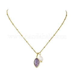 Natural Lepidolite Faceted Horse Eye & Natural Pearl Pendant 304 Stainless Steel Satellite Chain Necklaces for Women&nbsp;NJEW-JN06057-02