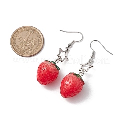 樹脂と合金のペンダントイヤリング  鉄のピアスフックで見つける  星付きイチゴ  レッド  55x16.5mm&nbsp;EJEW-JE05903