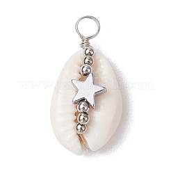 6Pcs 6 Styles Natural Cowrie Shell Copper Wire Wrapped Star & Heart & Round Pendants&nbsp;PALLOY-JF02938