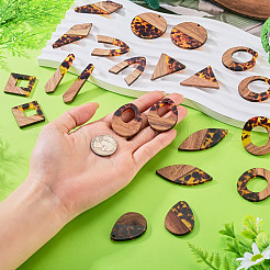 22Pcs 11 Styles Transparwnt Resin & Walnut Wood Pendants&nbsp;RESI-TA0005-75