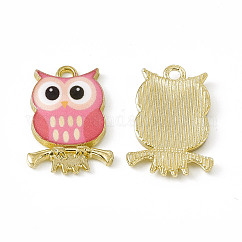 Painted Alloy Pendants, Owl Charm, Cadmium Free & Nickel Free & Lead Free, Golden, Light Coral, 21.5x15x2.3mm, Hole: 2mm