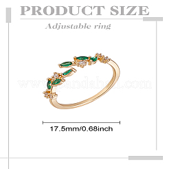 女性用真鍮マイクロパヴェキュービックジルコニアカフリング1個  葉  ゴールドカラー  グリーン  内径：17.5mm&nbsp;RJEW-LP0002-23E