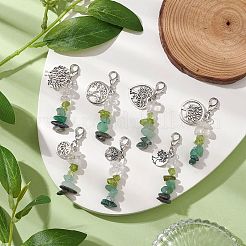 天然ペリドットと水晶チップのペンダント装飾  バッグの装飾用の合金チャームとカニカン留め具チャーム  命の木  46~51mm  ペンダント：12~20x10~17x1~1.5mm  7個/セット&nbsp;HJEW-JM02100-04