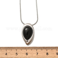 天然ブラックオニキス（染色＆加熱）ティアドロップペンダントネックレス  女性用304ステンレススチールスネークチェーンネックレス  ステンレス鋼色  18.58インチ（47.2cm）&nbsp;NJEW-C065-01P