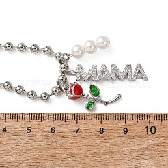 母の日 真鍮製マイクロパヴェ クリアキュービックジルコニア エナメル 赤いバラの花 ママペンダントネックレス（女性用）  フェイクパールビーズ付き  カドミウムフリー＆鉛フリー  長持ちメッキ  ラックめっき  プラチナ  17.24インチ（43.8cm）&nbsp;NJEW-A071-02P