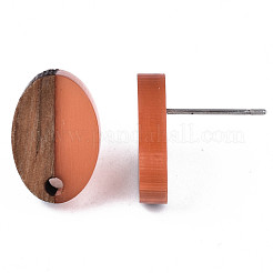 レジン＆ウォールナットウッドスタッドピアスのパーツ  304ステンレスピン付き  オーバル  サンゴ  15x10mm  穴：1.8mm  ピン：0.7mm&nbsp;MAK-N032-004A-A05