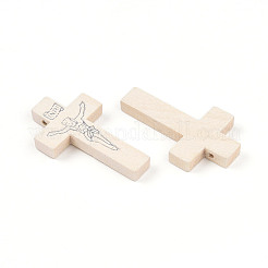 印刷木製のペンダント  十字架クロス  イースターのために  古いレース  41.5~42.5x23.5~24.5x4.5mm  穴：2mm&nbsp;WOOD-S050-35B-06