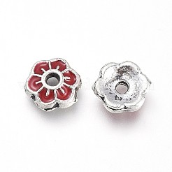アンティークシルバー、合金エナメルビーズキャップメッキ  6花びら  花  レッド  6x2mm  穴：1mm&nbsp;ENAM-J189-07AS-01