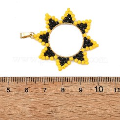 真鍮とガラスのシードビーズペンダント  太陽のチャーム  304ステンレススチールスナップオンベイル付き  ゴールドカラー  ブラック  40x37x2mm  穴：5.5x2.5mm&nbsp;PALLOY-MZ01373-01