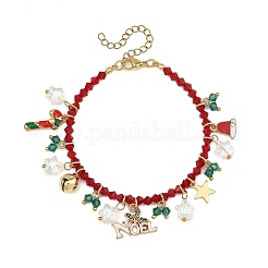 Alloy Enamel Christmas Hat Holly Leaves Charm K9 Glass Faceted Bicone Beaded Bracelets&nbsp;BJEW-TA00764