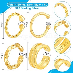 4個、4つのスタイル、925つのスターリングシルバーのカフイヤリング  C字型  ゴールドカラー  11~12x1~4mm  1個/スタイル&nbsp;EJEW-PH0001-38G