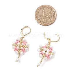 十字架付き花 304ステンレススチールイヤリング ガラスシード フレンチフックピアス  ゴールドカラー  ピンク  49x20.5mm&nbsp;EJEW-MZ00507-05