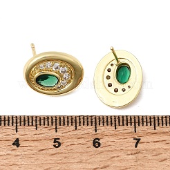 真鍮製マイクロパヴェキュービックジルコニアスタッドピアス  オーバル  ラックめっき  長持ちメッキ  カドミウムフリー＆鉛フリー  18KGP本金メッキ  グリーン  15.5x12.5mm&nbsp;EJEW-G471-13G-03