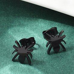 ハロウィン スパイダー 304 ステンレススチール スタッド イヤリング 女性用  電気泳動黒  9x8mm  ピン：0.7mm&nbsp;EJEW-B019-01EB