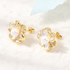 真鍮エナメルスタッドピアス  花  absプラスチックパール  カドミウムフリー＆鉛フリー  ラックめっき  長持ちメッキ  ゴールドカラー  17x16.5mm&nbsp;KK-CBAB173-02B-G