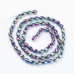 電気メッキガラスビーズ  マルチカラーメッキ  多面カットオーバル  暗い蘭  6x4mm  穴：1mm  約63~65個/連  16.14~16.54インチ（41~42cm）&nbsp;X-GC885Y-1