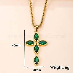 304ステンレススチール製パヴェキュービックジルコニア宗教クロスペンダントネックレス（男性用・女性用）  18KGP本金メッキ  グリーン  23.62インチ（60cm）&nbsp;WG31638-02