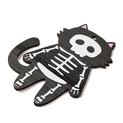 ハロウィーンプリントの木製ビッグペンダント  猫の形  99x71x2.5mm  穴：4mm&nbsp;WOOD-I016-01C