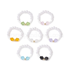 女性用ABSプラスチック模造真珠弾性リング  オーストリアの模造クリスタル付き  ラウンド  ミックスカラー  6mm  usサイズ8 1/2(18.5mm)  7個/セット&nbsp;RJEW-JR00900