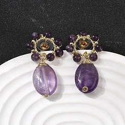 天然アメジストちらつかせるのスタッドのピアス  楕円形と花  真鍮製のピアスパーツ  ゴールドカラー  ラックめっき  40.5~41x21.5mm&nbsp;EJEW-G454-01G-08