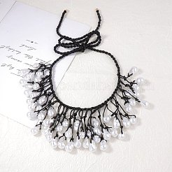 プラスチック製のバロックパールナゲットビーズタッセル編みの黒ワックスコードビブネックレス（女性用）  ホワイト  47.24インチ（120cm）&nbsp;FS-WG578A2-01