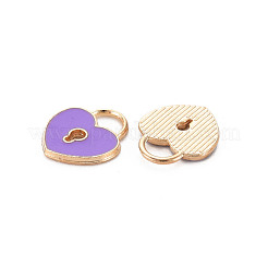 合金エナメルチャーム  ハートロック  ライトゴールド  暗い蘭  13x11x1.5mm  穴：3x4mm&nbsp;ENAM-S121-039F