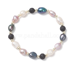 Natural Cultured Freshwater Pearl & Lava Rock Beads Stretch Bracelets for Women&nbsp;BJEW-JB12867