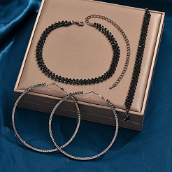 Alloy with Jet Rhinestone Chain Necklace & Hoop Earring & Bracelet&nbsp;FS-WG9D127-02