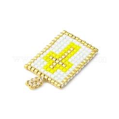手作りミユキ日本の種子織機模様シードビーズ  長方形のクロスペンダント  きいろ  30~30.5x16x2mm  穴：2.5mm&nbsp;PALLOY-MZ00125-03