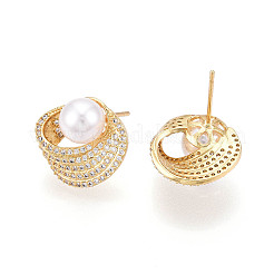 Brass Micro Pave Cubic Zirconia and ABS Imitation Pearl Stud Earrings&nbsp;KK-T074-48G
