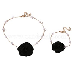 ローズクロス＆プラスチックパールペンダントネックレス＆チャームブレスレットセット  合金アクセサリーセット  ゴールドカラー  ブラック  360mm&nbsp;FS-WG981E4-03
