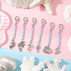 魚亜鉛合金ペンダント装飾6個  バッグの飾りに使えるガラスシードビーズとカニカンの留め具チャーム  アンティークシルバー＆プラチナ  65~75mm&nbsp;HJEW-JM03230