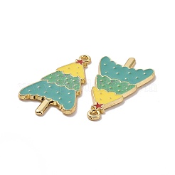 クリスマステーマラックメッキ合金エナメルペンダント  グリッターパウダー付き  ライトゴールドトーンのクリスマスツリーチャーム  ダークターコイズ  32x17x1.5mm  穴：1.6mm&nbsp;PALLOY-O109-35LG