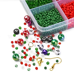 DIY クリスマス イヤリングとブレスレット作成キット  ガラスシードとアクリル文字ビーズを含む  アルミベルのチャーム  真鍮のピアスフック  ミックスカラー&nbsp;DIY-YW0005-85