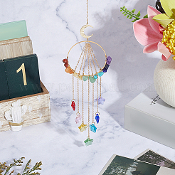 Chakra Natural & Synthetic Gemstone Chips & Brass Ring Hanging Suncatchers&nbsp;HJEW-BM00074