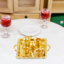 2セット2色の合金製ティーカップ＆ソーサー＆ティーポットセット  ドールハウスアクセサリー用  小道具の装飾のふりをする  プラチナ·ゴールデン  48.5x67x7mm  1セット/色&nbsp;AJEW-GO0001-72