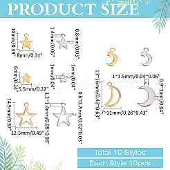 100個10スタイル304ステンレススチールペンダント  月＆星  ミックスカラー  5.5~16x6~12.5x0.6~1mm  穴：1~1.5mm  10個/スタイル&nbsp;STAS-ME0001-92